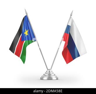 Russland und Südsudan Tischflaggen isoliert auf weißem 3D Rendering Stockfoto