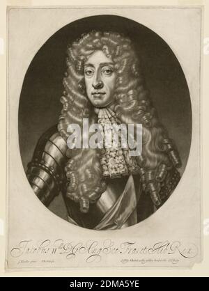 King James II. Von England (nach Kneller), Isaac Beckett, Englisch, ca. 1653 - ca. 1717, Sir Godfrey Kneller, deutsch, britisch, 1646 - 1723, Mezzotint Gravur in dunkelbrauner Tinte auf Papier, halblang, leicht links stehend, James II. Von England (1633-1701) ist in Perücke, Spitzen-Cravat und Rüstung zu sehen. Ovales Format. Unten eingeschrieben: Jacobus II dus D. G. Aug. SCO. Fra et Hib Rex. G. Kneller Pinx: I. Beckett fec. Verkauft von I. Beckett am goldenen Kopf im alten Baily., England, 1685–89, Print Stockfoto