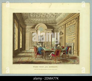 Vorstandszimmer der Admiralität, aus 'Ackermann's Repository', Thomas Rowlandson, britisch, 1756–1827, Augustus Charles Pugin, französisch, aktiv Großbritannien, ca. 1762–1832, John Hill, britisch, tätig in den Vereinigten Staaten, 1770 - 1850, Aquatint, Pinsel und Aquarelle auf Papier, neun Männer über einen mit Stoff bedeckten Tisch, Mitte, in einem großen Raum. Bücher, Karten über dem Kamin, rechts. Titel, Künstler und Verlegernamen unten., Europa, London, England, 1808, Print Stockfoto