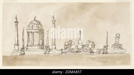 Design for a Table Centerpiece, Giuseppe Barberi, italienisch, 1746–1809, Feder und braune Tusche, Pinsel und braune Wäsche auf liniertem, cremefarbenem Papier, 'resser', Tischmittelstück für die Familie Altieri., Rom, Italien, 1790-1795, Metallarbeiten, Zeichnung Stockfoto