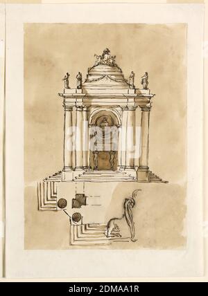 Design for a Sepulchral Monument, Giuseppe Barberi, Italian, 1746–1809, Feder und braune Tusche, Pinsel und braune Wäsche auf liniertem, weiß gekleidetem Papier hat die Rückwand eines Pavillons die Form einer Nische. In seinem ist unter dem Sarkophag, der von Atlanten gestützt wird, und über einer ovalen Nische mit einer Urne. Ein Festoon umgibt den unteren Teil dieser Nische. Seitlich und vorne sind keine Wände, sondern Bögen, die von zwei Säulen getragen werden. Die Entablatur ist vor den Ecken vorstehend und wird dort von zwei schräg stehenden Säulen gestützt. Rechtwinklig vorstehende Stufen ermöglichen den Zugang zur Plattform. Stockfoto