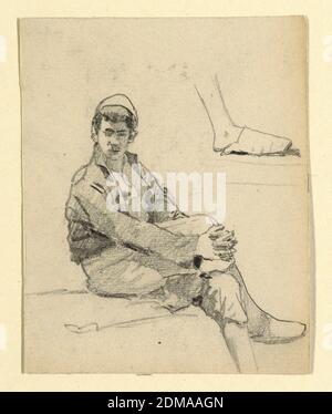 Avers: A Seated Young Moor (?), Howard Russell Butler, American, 1856 - 1934, Black Crayon, Bleistift. Papier., Vertikales Rechteck. Avers: Der Körper ist nach rechts gedreht, der Kopf zum Zuschauer. Die Hände sind unter dem rechten Knie gekreuzt. Der untere Teil des rechten Beins mit dem Fuß trägt einen Pantoffel ist separat oben, rechts gezeichnet. Rückseite: Innenraumstudie, mit Schreibtisch und Stuhl im Vordergrund., USA, 1887, Figuren, Zeichnung Stockfoto