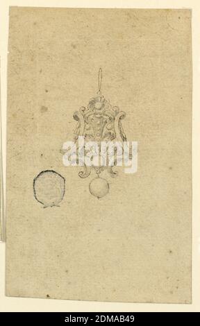 Design für Palmette Anhänger, Stift und Tinte, Pinsel und Aquarell auf Papier, ein Escutcheon aus Voluten, gekrönt mit einer Palmette. Ein Perlentropfen unten., Italien, 16. Jahrhundert, Schmuck, Zeichnung Stockfoto
