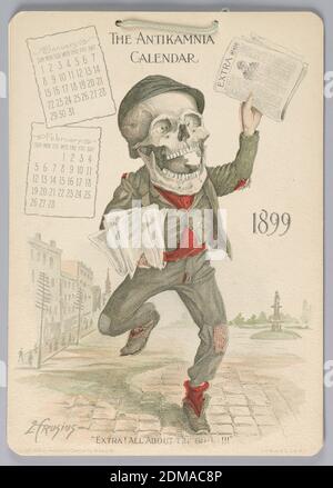 Der Antikamnia Kalender, Januar und Februar 1899: 'Extra! All About the Roh[...]!!!', Louis Crusius, American, 1862 - 1898, Chromolithographie auf Papier mit Schnur-Einband, Januar und Februar, 1899., New York, New York, USA, 1898, Grafikdesign, Kalender, Kalender Stockfoto