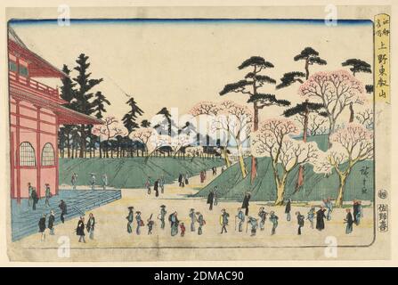 Temple Viewing during Springtime, Ando Hiroshige, Japanese, 1797–1858, Woodblock Print in colorierter Tinte auf Papier, Diese Frühlingsszene zeigt ein traditionelles Frühlingswochenende, an dem Menschen die Kirschblüten genießen und einen Tempel besuchen. Eine lange Reihe von Besuchern, alt und jung, stehen geduldig Schlange, um den Tempel zu betreten. Andere Leute werden gemächlich entlang einer anderen Allee flanieren gezeigt. Hiroshige balanciert die Szene mit seiner Architekturlandschaft, kontrastierende Farben, die gleichmäßig verteilt sind., Japan, 1797-1858, Landschaften, Drucken Stockfoto