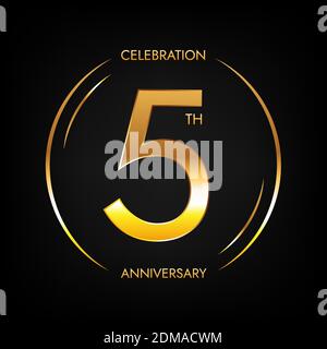 Jubiläum. Fünf Jahre Geburtstagsfeier Banner in leuchtend goldener Farbe. Kreisförmiges Logo im eleganten Zahlendesign. Stock Vektor