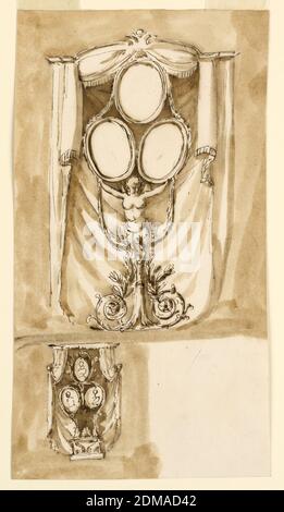 Dekoration für die Hochzeit des Prinzen Paluzzo Altieri, Giuseppe Barberi, italienisch, 1746–1809, Feder und braune Tinte, Pinsel und braune Wäsche auf weißem Büttenpapier, gefüttert, oben: Eine Variation von 1901-39-1447. Der Vorhangstab ist teilweise konvex und gebogen. Die drei Rahmen sind von einer Girlande umgeben, die unten in Richtung der Mitte der Stütze hängt. Es besteht aus einer geflügelten weiblichen Halbfigur, die auf einem Pol steht, mit zwei Spiralen darunter, von denen Zweige emporsteigen. Unten links: Der Vorhang bildet eine Art Zelt. Vor ihm ist ein Sockel, mit zwei Tieren, im Profil gezeigt. Aus ihr erheben sich zwei Zweige Stockfoto