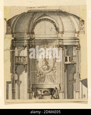 Projekt für Alter, Graphit, Stift und Tinte, Pinsel und Aquarell auf Papier wird die Jungfrau der Sieben Schwerter in einem Medaillon mit Strahlen und Cherubim-Glorie gezeigt. Der Altar steht vor der konvexen Wand. Seitlich sind Balkone und Wände mit Türen., Italien, 1750–1800, Religion, Zeichnung Stockfoto