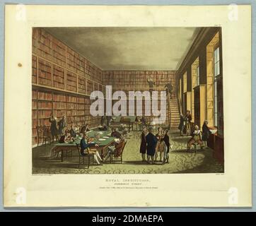 Royal Institution, Albemarle Street, from 'Ackermann's Repository', Thomas Rowlandson, British, 1756–1827, Augustus Charles Pugin, French, Active Great Britain, ca. 1762–1832, Joseph Constantine Stadler, deutsch, 1780 - 1822, Aquatint, Pinsel und Aquarell auf Papier, Bibliotheksraum, Fenster rechts. Männer lesen, wählen Bücher und unterhalten sich. Titel, Künstler und Verlegernamen unten., Europa, London, England, 1809, Print Stockfoto