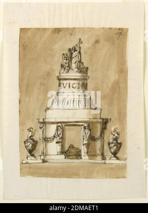 Entwurf für ein Denkmal von König Ludwig XVI. Von Frankreich, Giuseppe Barberi, Italienisch, 1746–1809, Feder und braune Tinte, Pinsel und braune Wäsche auf liniertem, cremefarbenem Büttenpapier, EINE Variation von 1936-88-1327. Der untere Teil der Struktur hat einen achteckigen Plan, die schrägen Seiten sind konvex und die äußeren Ecken sind abgeschrägt mit der Außenseite gaines schräg stehend. Die gaines haben über den bekleideten Oberteilen der Körper von Frauen. Die Höhe ist gestresst., Rom, Italien, ca. 1795, Architektur, Zeichnung Stockfoto