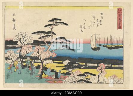 Betrachtung der Kirschblüten, Ando Hiroshige, japanisch, 1797–1858, Holzschnitt in farbiger Tinte auf Papier, Diese Frühlingsszene zeigt ein traditionelles Frühlingswochenende, an dem die Menschen die Kirschblüten genießen. Die Zuschauer sitzen auf Decken und stehen unter den blühenden Ästen, während sie die Natur genießen und auf das Meer blicken. Hiroshige schafft eine lineare Unterscheidung mit Farbblöcken, einem roten Horizont, einem Streifen blauen Ozeans, den schwarzen Dächern und gelben Wolken, die direkt über dem grünen Gras schweben., Japan, 1797-1858, Landschaften, Drucken Stockfoto