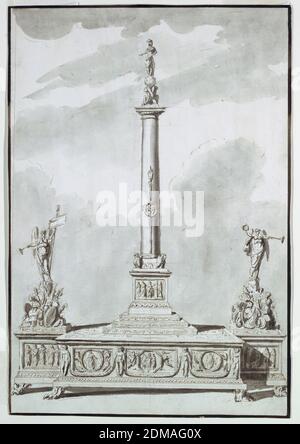 Tintenstand mit Siegessäule, flankiert von Berühmtheitsfiguren auf Militärtrophäen, Giuseppe Barberi, italienisch, 1746–1809, Feder und braune Tinte, Pinsel und braune Wäsche, Graphit auf cremefarbenem Büttenpapier, leicht von oben abgebildet. Unten befindet sich ein dodekagonaler Sockel, der durch ein breites Oval mit hervorstehenden Quadraten in den Mitten der Enden gebildet wird. Es wird von acht schräg disponierten Krallen unterstützt. Die Bezüge der Schalen zeigen weibliche Genien, die über den Trophäen der Waffen stehen. Beide blasen Trompeten. Sie halten mit ihren inneren Händen, die linke einen Standard, die rechte einen Kranz. Stockfoto