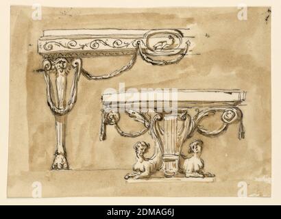 Konsolentische, Giuseppe Barberi, italienisch, 1746–1809, Feder und braune Tinte, Pinsel und braune Wäsche auf cremefarbenem Papier, oben links: Das Bein ist eine Chimäre von vorne gesehen, deren obere Teile von zwei Rollen umrahmt werden, die einen Festoon vor dem Bein stützen, und eine weitere, die in der Mitte des Fries hängt. Rahmen und Oberteil bilden eine Enablatur mit, in der Mitte, einem ovalen Medaillon mit einer Figur davor. Unten hängt ein Festoon. Unten rechts: Die Stütze ist eine Leier und daneben die Rollen von Halbfiguren von Sphinxen. Unten ist eine Basis. An Rinceaux hängen Festoons Stockfoto