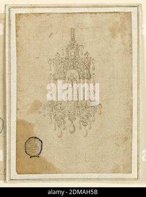 Design für einen Anhänger mit Moses, Feder und Tinte, Pinsel und waschen auf Papier, Figur des sitzenden Moses, nach Michelangelo, innerhalb einer bogenartigen Kolonnade. Viele schwebende tropfenartige Diamanten. Oben ein Ring., Italien, 16. Jahrhundert, Schmuck, Zeichnung Stockfoto