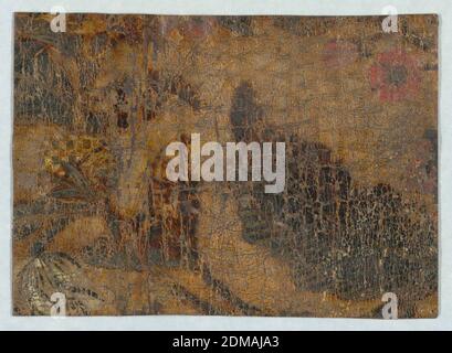 Seitenwand, Leder, gestempelt, versilbert, bemalt, Diapered Feld aus lackiertem Silber; Laub und Blumen., Holland, ca. 1700, Wallcoverings, Sidewall Stockfoto