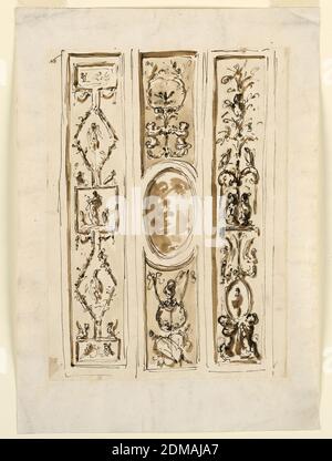 Design for the Decoration of Three Pilaster Strips, Giuseppe Barberi, Italian, 1746–1809, Pen and Brown ink, brush and Brown wash on lined off-white laid paper, Gitterwerk symmetrisch von einer Basis und endend in einer ähnlichen länglichen auf der Oberseite, bildet die Lutscher und eine längliche in der Mitte. Alle Paneele sind dekoriert. Vögel sind in den Lozenges, der Figur einer Frau zwischen zwei Kindern, in der zentralen länglichen. Mitte: Ein Eizoid. Ein Kerzenständer mit den Halbfiguren von zwei Kindern befindet sich in der oberen Verkleidung. Ein Kranz Hände von einem Festoon in der unteren Platte. Eine Trophäe ist unten. Rechts: Ein Kandelaber. Stockfoto