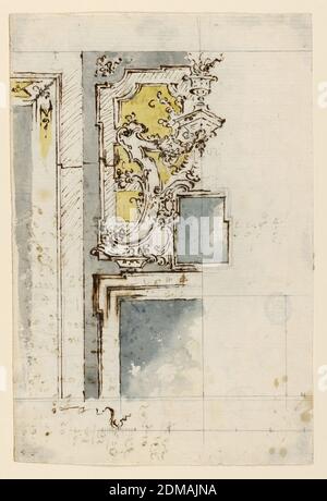 Entwurf für ein Chimneypiece, mit einem aufwendigen Overmantel, schwarzer Kreide, Stift und Tinte, Pinsel und Aquarell auf Papier, abgebildet sind die obere rechte Ecke eines Türrahmens, links, und die linke Seite des Kamins. Die Öffnung ist von Zierleisten umrahmt. In der Mitte des Regals steht ein kleines Glas. Es ist seitlich und oben von Schriftrollen umgeben, die in der Mitte oben mit einem Bügel enden, auf dem eine Schale mit einer Flamme steht. Eine Tafel im Hintergrund wird von Formteilen eingerahmt. Unten sind ein Plan der Formteile und der Maßstab. Verso: In Tinte geschriebene Konten., Italien, 1725–1750, Zeichnung Stockfoto