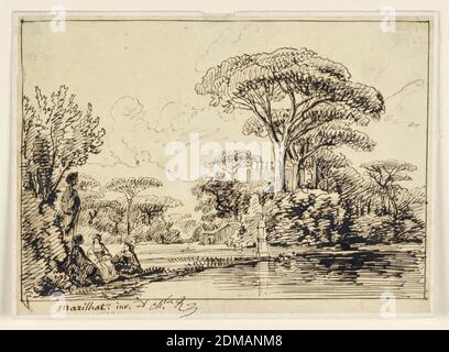 Landschaft, Charles Nicolas Ransonnette, französisch, 1793 - 1877, Stift und Tusche auf Zeichenpapier, Park einer südeuropäischen Villa mit einem schräg im Vordergrund ausstreckenden Teich. Eine Frau und zwei Männer in Renaissance-Kleidung sitzen am Rand des Teiches am Fuß eines s tatue, links. Framine Lines., Frankreich, 1830–1850, Zeichnung Stockfoto