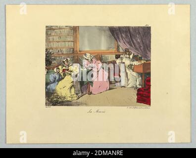 La Matinée, Gihaut Frères, französisch, 1815 - 1871, Eugène Louis Lami, französisch, 1800 - 1890, Lami-Denozan Libraire, französisch, aktiv 19. jh., Lithographie, Pinsel und Aquarell auf Papier, rechts, Frau am Klavier mit Kind. Zentrum, Frau schreibt. Links, Frau, die einem Kind vorliest. Titel, Künstlernamen unten., Paris, Frankreich, ca. 1830, Drucken Stockfoto