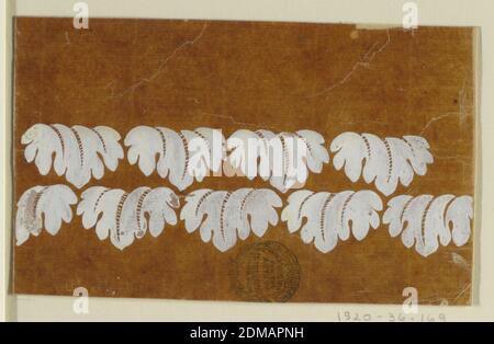 Entwurf für eine gestickte oder gewebte Horizontale Grenze der 'Fabrique de St. Ruf', Fabrique de Saint Ruf, Lyon, Frankreich, Pinsel und weiße Gouache auf glasierten Pauspapier, hängende mehrlappige Blätter sind in entgegengesetzten Richtungen gezeigt und in zwei Reihen versetzt., Frankreich, 1800–1815, Zeichnung Stockfoto