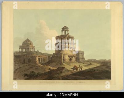 Überreste eines antiken Gebäudes in der Nähe von Firoz Shah's Cotilla, Delhi, aus 'Oriental Scenery: Twenty Four Views in Hindoostan', Thomas Daniell, britisch, 1749 - 1840, farbige Aquatinta auf Papier, London, England, 1795-1803, Print Stockfoto