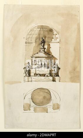 The Elevation of a Sepulchral Monument, vermutlich für den Jungen Prätendenten Charles Edward Stuart, Giuseppe Barberi, Italienisch, 1746–1809, Feder und braune Tinte, Pinsel und braune Wäsche auf Papier, wahrscheinlich für den Jungen Prätendenten Charles Edward Stuart, der 1788 starb. Oben ist die Höhe, unten ist der Plan. Stehend in einer Nische mit einem Gewölbe (?). Eine Variante des Entwurfs 1938-88-1264. Ein Abschnitt von Schritten führt nach oben. Weibliche Figuren stehen auf den seitlichen Sockeln. Nur der Sarkophag an der Vorderseite wird wiederholt. Keine Lampen befinden sich über der Entablatur. Stockfoto