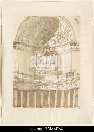 Design for an Organ Loft, Giuseppe Barberi, Italian, 1746–1809, Pen and Brown ink, brush and Brown wash, Graphit on lined off-white laid paper, situated in a riesen Nische, with a coffered Conch above the entablature. Unten sind elf Spalten in einem Segment, das scheinbar eine Entablatur mit ornamentierten Fries unterstützt. Darüber erheben sich zwei ähnliche, eine etwas kürzer als die andere. Der mittlere ist mit Festounen verziert, der obere ist undeutlich. Über dem mittleren Teil des oberen erhebt sich das, was scheinbar ein Fries ist. Nach ihm steht der Rohrkasten, in Form eines Baldachins., Rom, Italien Stockfoto