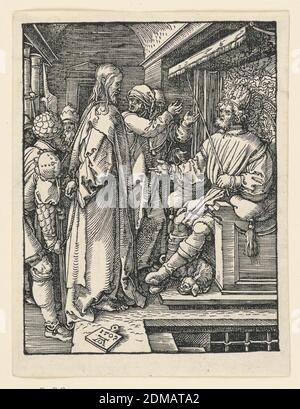 Christus vor Herodes, aus der Serie der kleinen Passion, Albrecht Dürer, Deutsch, 1471–1528, Holzschnitt auf Papier, Innenraum, mit Herodes auf einem Thron rechts, nach links. Christus s steht vor ihm, direkt im Profil. Er wird von Soldaten und anderen besucht. Monogramm von Dürer und Datum 1509 auf Tablette, unten links., Deutschland, 1509, Druck Stockfoto
