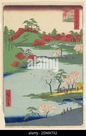 Fukagawa Hachiman yanabiraki aus der Serie hundert berühmte Ansichten von Edo, Ando Hiroshige, japanisch, 1797–1858, Holzblock-Druck in farbiger Tinte auf Papier, Diese Szene der offenen Gärten am Hachiman-Schrein in Fukagawa kontrastiert mit leuchtend roten Azaleen und rosa Kirschblüten. Typischerweise blühen diese beiden Arten etwa einen Monat auseinander. Während viele Besucher die Pracht der Natur bewundern, ist diese Szene ein Aushängeschild von Hiroshiges Phantasie., Japan, 1797-1858, Landschaften, Drucken Stockfoto