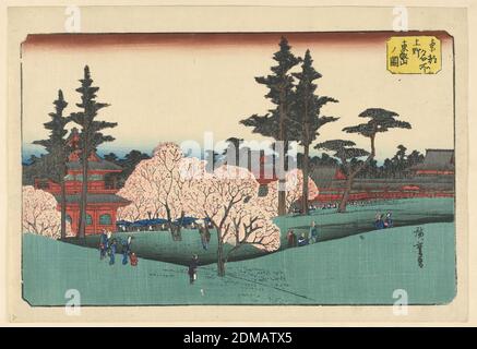 Cherry Blossom Viewing, Ando Hiroshige, japanisch, 1797–1858, Holzschnitt in farbiger Tinte auf Papier, Diese Frühlingsszene zeigt ein traditionelles Frühlingswochenende, an dem Menschen die Kirschblüten genießen und einen Tempel besuchen. Besucher schlängeln sich durch die Gärten, die Hänge hinauf und um einen buddhistischen Tempel herum. Andere Menschen werden gemächlich flanieren und die natürliche Landschaft genießen gezeigt. Hiroshige balanciert die Szene mit seiner Architekturlandschaft, kontrastierende Farben, die gleichmäßig verteilt sind., Japan, 1797-1858, Landschaften, Drucken Stockfoto