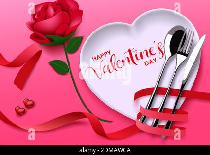 Valentines Datum Vektor Hintergrund Design. Happy valentine's Day Grußtext mit Herzteller und roter Rose für romantisches valentine Dinner Date Design. Stock Vektor