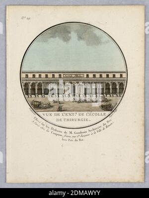 Außenansicht der Schule von Chemestry, Tafel 29 von Vues Pittoresques de principaux édifices de Paris, Jean Testard, Französisch, geb. 1740, Les Campion Frères, Paris, Frankreich, Gravur, Pinsel und Aquarell auf Papier, die Vorderseite der Schule für Chemie von der anderen Straßenseite aus gesehen. Ein Wagen und zwei Wagen in der Streee.t Titel, Künstler und Verleger (und Architekten) Namen unten., Paris, Frankreich, 1792, Print Stockfoto
