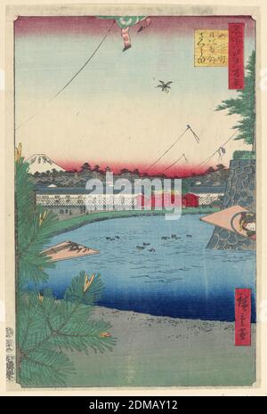 Kiteszene, Ando Hiroshige, japanisch, 1797–1858, Holzschnitt in farbiger Tusche auf Papier, der szenische Blick auf den Graben um den Kaiserpalast zeigt Drachen, die in der Luft fliegen. Auf beiden Seiten des Aufdrucks befinden sich zwei Drachen; einer ist mit einem Bambusshoot verziert, während die andere ein Porträt einer Frau hatte. Vielleicht ist dies ein neuer Jahresabdruck, da der Fuji-Berg vollständig mit Schnee bedeckt ist., Japan, 1797-1858, Landschaften, Drucken Stockfoto