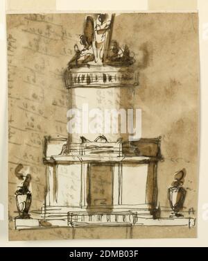 Entwurf für ein Sepulchral-Denkmal an König Ludwig XVI. Von Frankreich, Giuseppe Barberi, Italienisch, 1746–1809, Feder und braune Tinte, Pinsel und braune Wäsche auf liniertem, cremefarbenem Büttenpapier, EINE Variation von 1938-88-1337. Die Struktur ist auf einer Treppe, die Säule steht auf einem flachen Dach. Nach der Entablatur über der Tür steht eine Tafel in der Form der Erhebung eines Sarkophags, für die Inschrift bestimmt. Die entsprechenden seitlichen Motive sind nicht eindeutig zu unterscheiden. Das Band um die Säule und die Gruppe oben sind ähnlich wie 1938-88-1329, der obere Teil des Kreuzes ist nicht sichtbar. Stockfoto