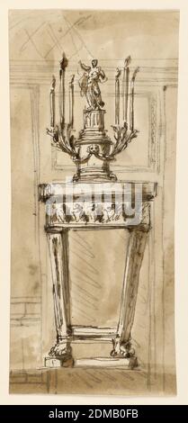 Konsolentisch mit Kerzenständer, Giuseppe Barberi, italienisch, 1746–1809, Stift und braune Tinte, Pinsel und braune Wäsche auf cremefarbenem Papier, gefüttert, die Stützen sind zwei schräge Säulen mit Löwenfüßen, die über diesen durch Leisten verbunden sind. Der Rahmen hat die Form eines Frieses mit Figuren, die Oberseite hat die Form von Gesimsen einer Entablatur. Der Leuchter ist eine Variante von -2030, der Sockel hat auch eine runde Form, die Löwenmaske, die Festoons und die Brakcets sind daran befestigt. Die Säule ist geriffelt. Üblicher Hintergrund. Auf der Rückseite ist Teil eines Projekts, in Tinte Stockfoto