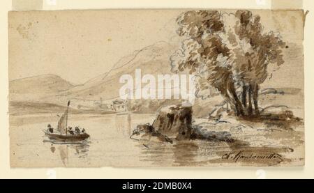 Landschaft, Charles Nicolas Ransonnette, französisch, 1793 - 1877, Graphit, schwarzer Buntstift, Pinsel und braunes Aquarell auf Papier, EIN gewundener Bach mit einem Segelschiff ist abgebildet. Ein Dorf vor den Bergen ist im Hintergrund. Rechts ist eine Baumgruppe., Frankreich, ca. 1870, Zeichnung Stockfoto