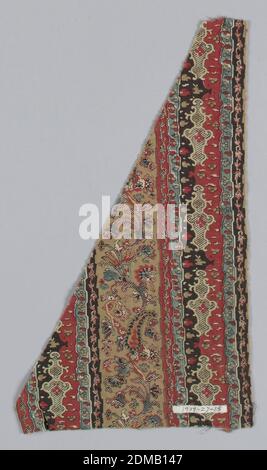 Fragment, Medium: Baumwolle Technik: Gedruckt, Fragment hat vertikale Streifen von schwarz, grün, rot und braun mit einem stilisierten floralen, ogivalen und paisley Muster., England oder USA, ca. 1850, bedruckte, gefärbte & bemalte Textilien, Fragment Stockfoto