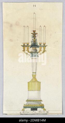 Design für einen Kerzenständer, Luigi Righetti, Italienisch, 1780 - 1819, Stift und Tinte, Pinsel und Sepia waschen, gelb, grau, grün Aquarell, Graphit auf Papier, Vertikales Rechteck. Design für einen Kerzenständer, der in vergoldeter und grüner Bronze sowie weißem und grünem Marmor ausgeführt werden soll. Unten bildet der untere Teil einer Säule, die von drei Löwenfüßen getragen wird, die Basis. Auf ihm steht eine Basis mit einem Kelch, aus dem Feder vier Säulenschäfte wachsen in der Breite und durch zwei Bänder miteinander verbunden. Auf ihrer Oberseite sprießen aus Masken vier Zweige mit brennenden Kerzen. Oben eine Schale mit Blumen und eine Säule Stockfoto