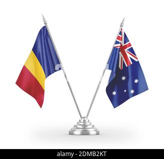 Australien und Rumänien Tischflags isoliert auf weißem 3D-Rendering Stockfoto