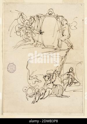 Drei Skizzen, Carlo Marchionni, italienisch, 1702–1786, Feder und Tusche auf Papier, oben links von einem kniendem großen Engel gestützt, rechts von einem stehenden kleineren. Unten: Links, Putto zwischen Trophäe sitzend, großes Banner haltend; rechts weibliche Figur neben dem Escutcheon sitzend, ein Kresting., Italien, vor 1775, Figuren, Zeichnung Stockfoto