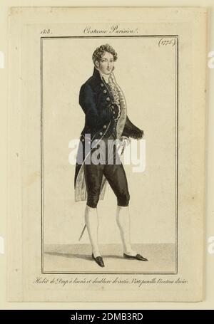 Entwurf für Gentleman's Costume: 1775, Journal des Dames et des Modes (Journal of Ladies and Fashion), Vingt-deuxième Année (22. Jahr), Nr. 64, Pierre-Antoine Lebux de La Mésangère, französisch, 1761–1831, Gravur, handbemalt mit Pinsel und Aquarell auf cremefarbenem Papier, graviert, Handkolorierte Modeteller mit einer langen Figur eines Mannes mit lockigen blonden Haaren, nach rechts gedreht. Er trägt seinen schwarzen Hut unter seinem linken Arm, während seine linke Hand auf seinem Schwert ruht. Er trägt einen blauen Mantel, weiße Krabatte mit weißen Rüschen darunter und schwarze Hosen. Stockfoto