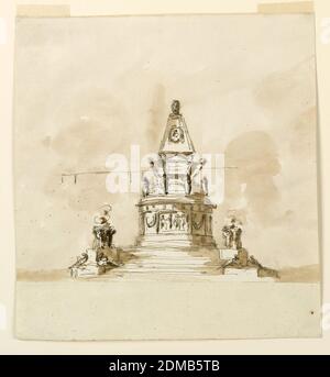 Design for a Sepulchral Monument, Giuseppe Barberi, Italian, 1746–1809, Feder und braune Tinte, Pinsel und braune Wäsche, rote Tinte auf liniertem, cremefarbenem Büttenpapier, Stufen, die zu einer Plattform führen, werden seitlich von Figurenpaaren umrandet, die an einem Gegenstand liegen oder sich stützen, Und von Schüsseln mit Feuer, stehend auf vier Beinen. In der Mitte erhebt sich ein hoher Sockel mit einem Relief in seiner Frontplatte und mit Figuren, die auf der Entablatur stehen. Oben befindet sich ein Sarkophag, von dem aus ein Obelisk aufsteigt, mit einem Medaillon-Porträt an der Vorderseite und einem Knopf als Punkt. Leicht farbiger Hintergrund. Einige Linien werden gezeichnet Stockfoto