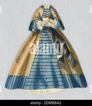 Papierpuppe Kostüm in Blau und Gold, Lithograph, Pinsel und Aquarell auf cremeschwerem Wove Papier, Blau und Gold Kleid, blau hat schwarz gestreiftes Muster. Dunkelbraune Schärpe kommt von der Taille herab. Beide Seiten dieses Papierpuppe-Outfits vertreten., USA, 1876–80, Toys & Games, Print Stockfoto