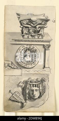 Designs for a Capital, Sarcophagus, and Relief, Romolo Achille Liverani, Italienisch, 1809 - 1872, Stift und schwarze Tinte, Pinsel und Bistre, graues Aquarell, Graphit auf Papier, Vertikales Rechteck. Kapital oben, von oben gesehen; zwei Delphine unterstützen eine Muschel an ihrer Vorderseite. In der Mitte ist die rechte Ecke des Sarkophags sichtbar, mit einer Säule an der Ecke und einem Medaillon mit einer Muschelrosette und Büste einer Figur. Ein Teil einer Vase ist links vor dem Sarkophag zu sehen. Unten ein Relieffragment mit dem Kopf einer Frau, geschmückt mit einem Kranz; daneben eine Panflöte und Klarinette., Italien, ca. 1840 Stockfoto