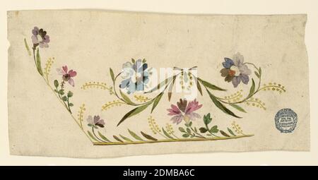 Design für die Stickerei einer Herrenweste, Pinsel und Aquarell auf Papier, untere linke Weste. Blumen und Blätter entlang der Grenze. Zwei einzelne Blütensprays bilden ein symmetrisches Motiv., Frankreich, 1780–1790, Zeichnung Stockfoto