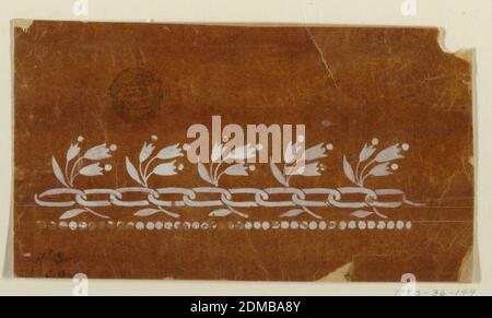 Entwurf für eine gestickte oder gewobene Horizontale Grenze der 'Fabrique de St. Ruf', Fabrique de Saint Ruf, Lyon, Frankreich, Pinsel und weiße Gouache auf glasierten Pauspapier, EINE Kette, hinter der Blütenäste steigen, wird über einer Reihe von Perlen gezeigt., Frankreich, 1805–1815, Zeichnung Stockfoto