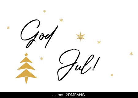 Ein 'God Jul' norwegischer Text auf weißem Hintergrund mit schneeflocke und Baum Illustrationen - Übersetzung 'Merry Christmas' Stockfoto