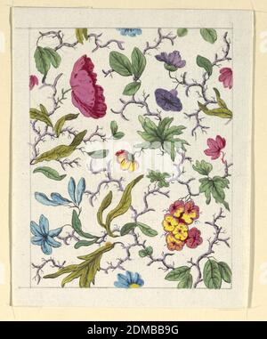 Blumenmuster für bedruckte Textilien, Louis-Albert DuBois, Schweizer, 1752–1818, Pinsel und Gouache, Graphit auf weißem Webpapier, mehrfarbiges Blumenmuster auf weißem Grund, Strichgraphit-Bordüre., Frankreich, 1800–1818, Textildesigns, Zeichnung Stockfoto