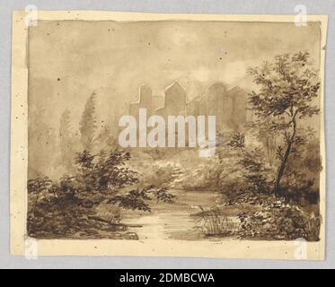 Landscape, Charles Nicolas Ransonnette, French, 1793 - 1877, Pinsel und Bistre waschen auf braunem Papier, EIN Bach in der Mitte Vordergrund von niedrigen Büschen begrenzt, links, und ein Baum, rechts. Hinter dem Laub stehen die Ruinen einer Burg im Hintergrund., Frankreich, ca. 1870, Zeichnung Stockfoto