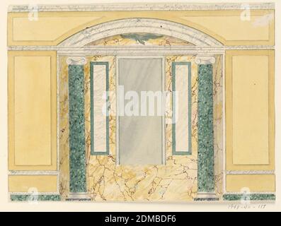 Wall Elevation, Frederick Crace, Englisch, 1779–1859, Stift und schwarze Tinte, Pinsel und Aquarell auf Wovenpapier, horizontales Rechteck. Wandhöhe, marmorierte Nische mit Spiegelmitte, ein Adler darüber., 1815–22, Architektur, Innenräume, Zeichnung Stockfoto